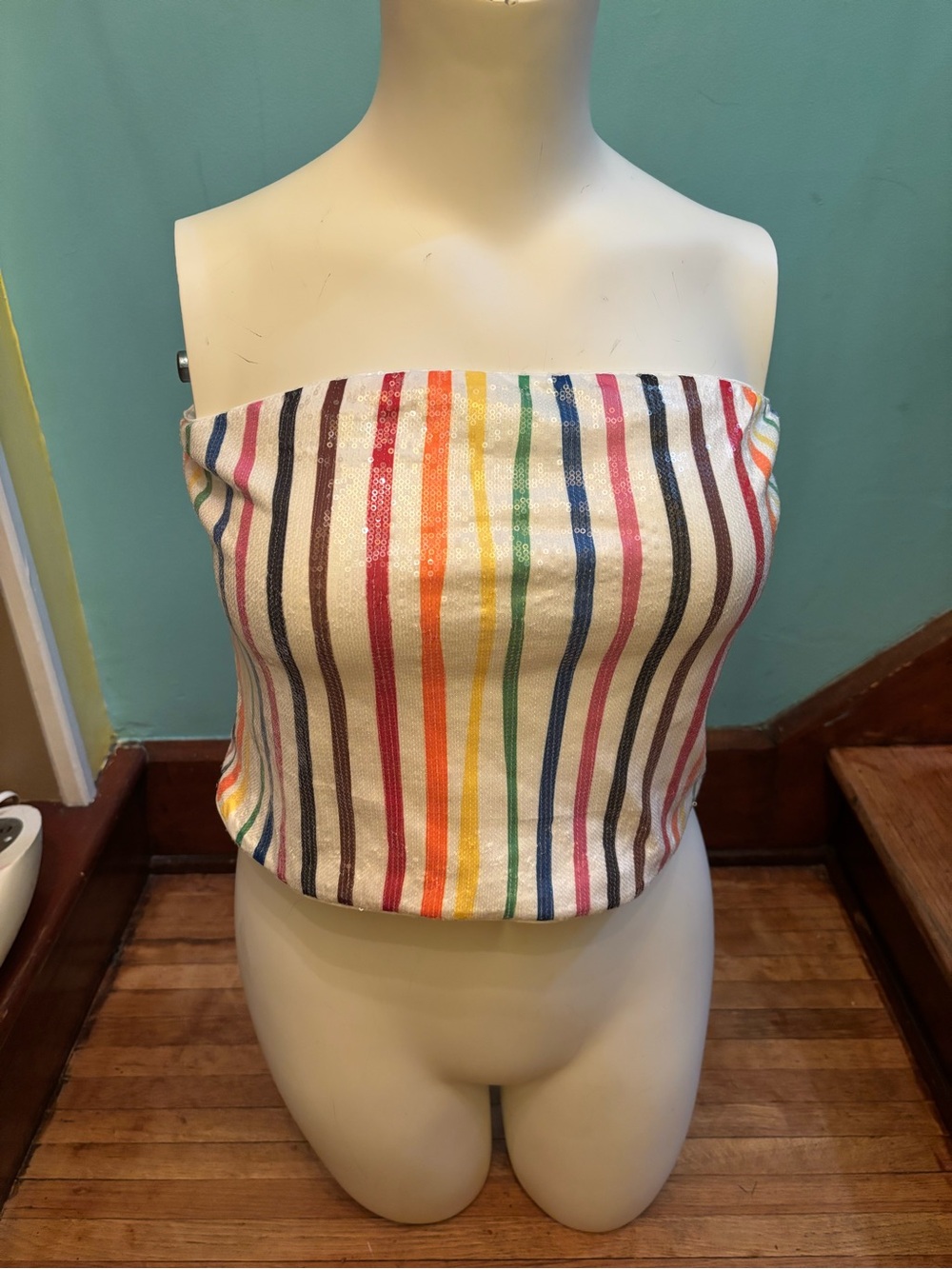 Striped Multicolor fully sequined Strapless Crop Top - Women